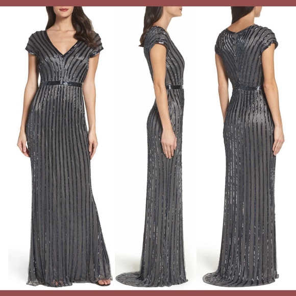 NWT $598 Mac Duggal Beaded Mesh Gown‎ IN Color Charcoal [SZ 6 ] - Picture 1 of 10